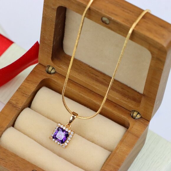 "Rose Gold Pendant with Purple Princess-Cut Stone and Crystal Border, XPPT1277 - Picture 10 of 13